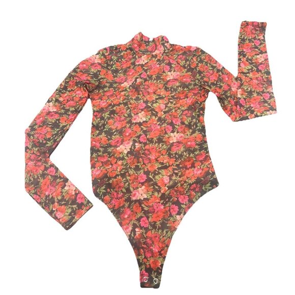 Good American BLACK W/ PINK RED Floral Mesh Mock Neck Bodysuit Thong Sz 2 - Picture 1 of 11